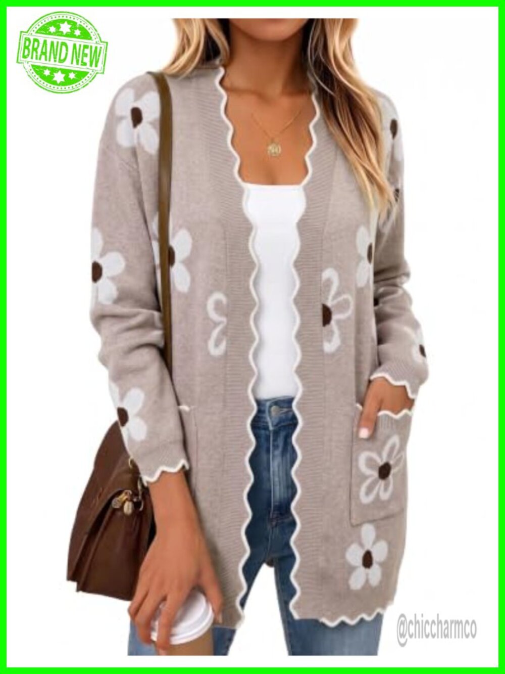 Womens Long Cardigan Chunky Knit Bow Floral Scalloped Oversized Sweater